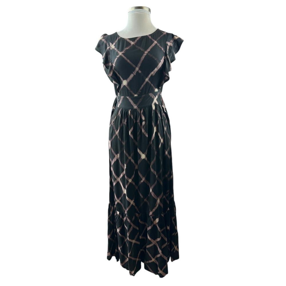 The Odells Seville Ruffle Maxi Dress Printed Tie Belt Pockets Black Size Small - Picture 2 of 16